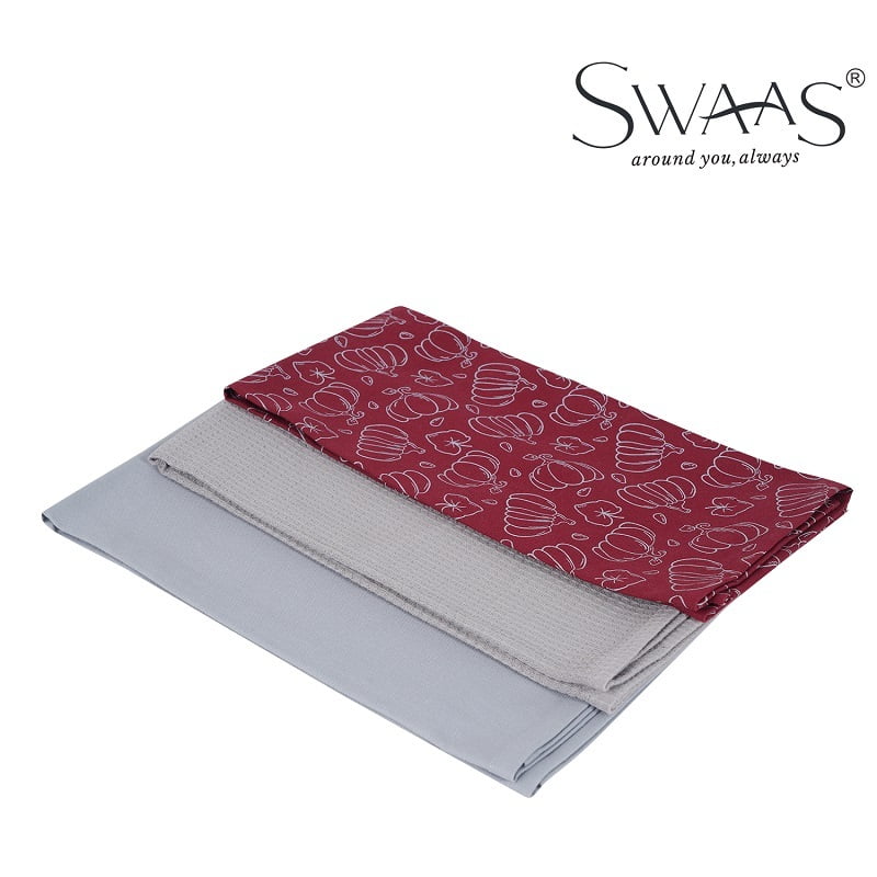 Pumpkin Printed Kitchen Towel, 100% Cotton - 3 Pcs Set - Red