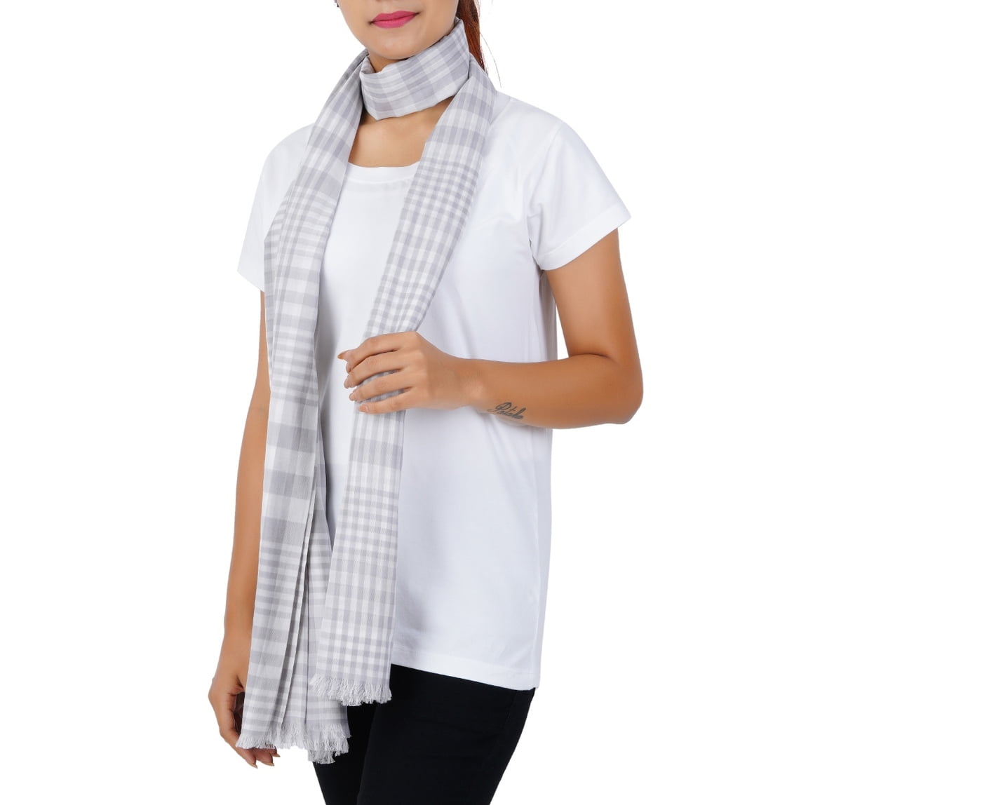 Women’s Stylish Scarf - Light Grey Stripes, 100% Cotton