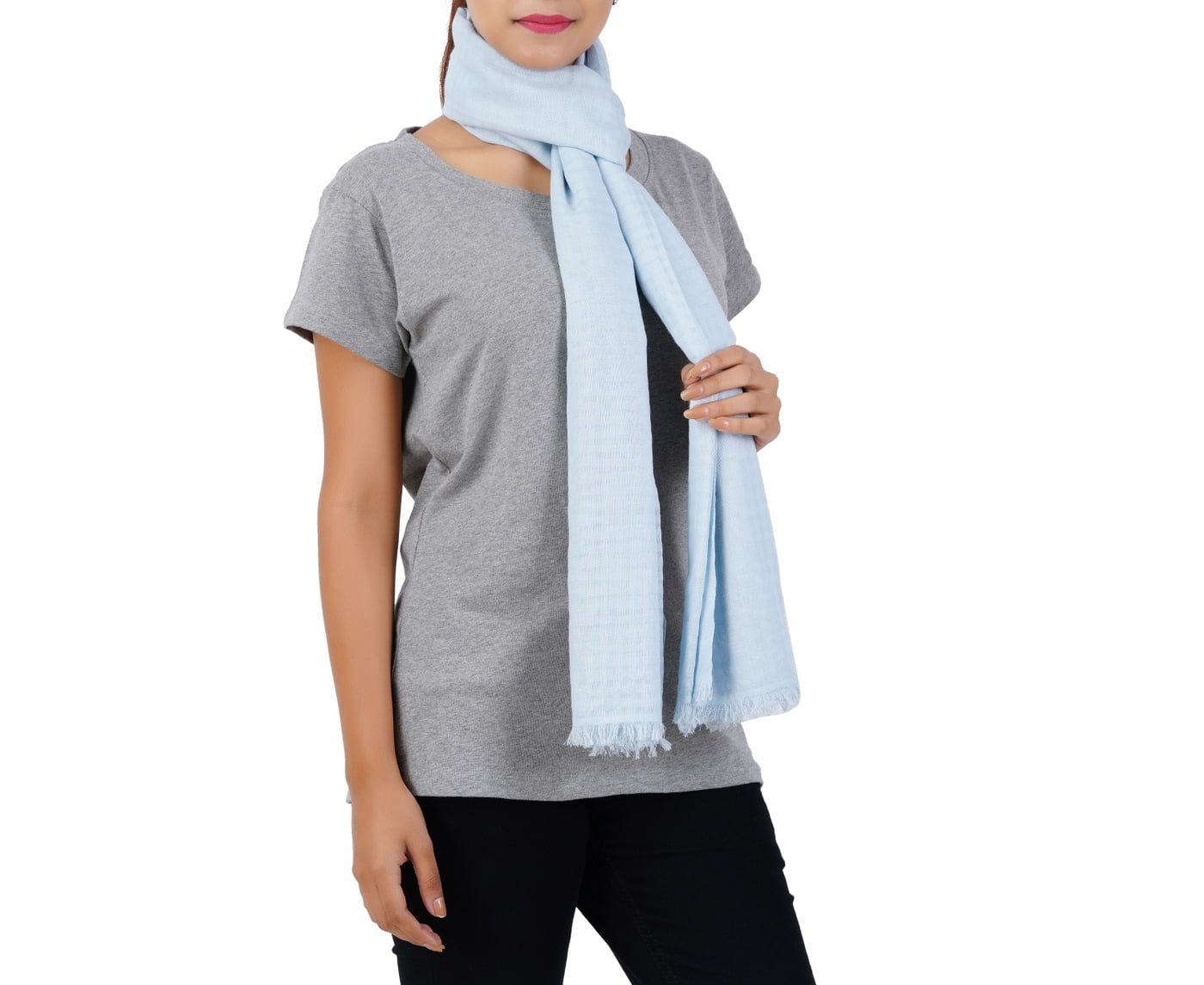 Women’s Stylish Scarf - Light Blue Plain Checks, 100% Cotton