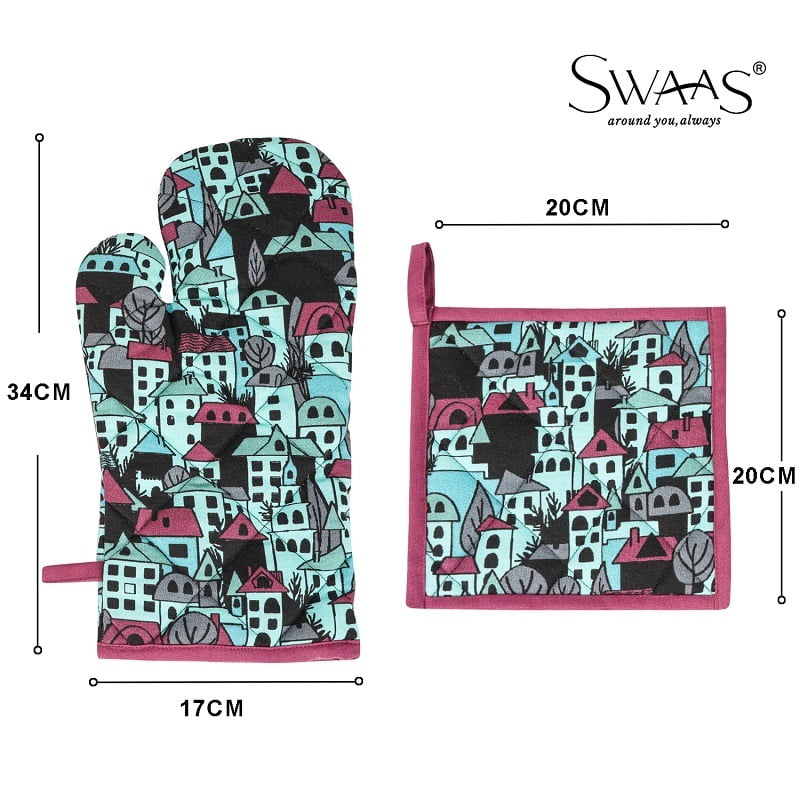 Building Blocks Printed Oven Mitt and Pot Holder Set, 100% Cotton - Blue