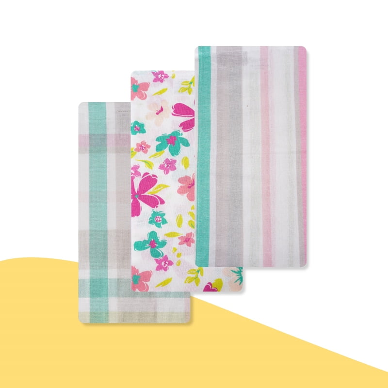 Pink Floral and Checked Kitchen Towel - Pink, 100% Cotton - Set of 6