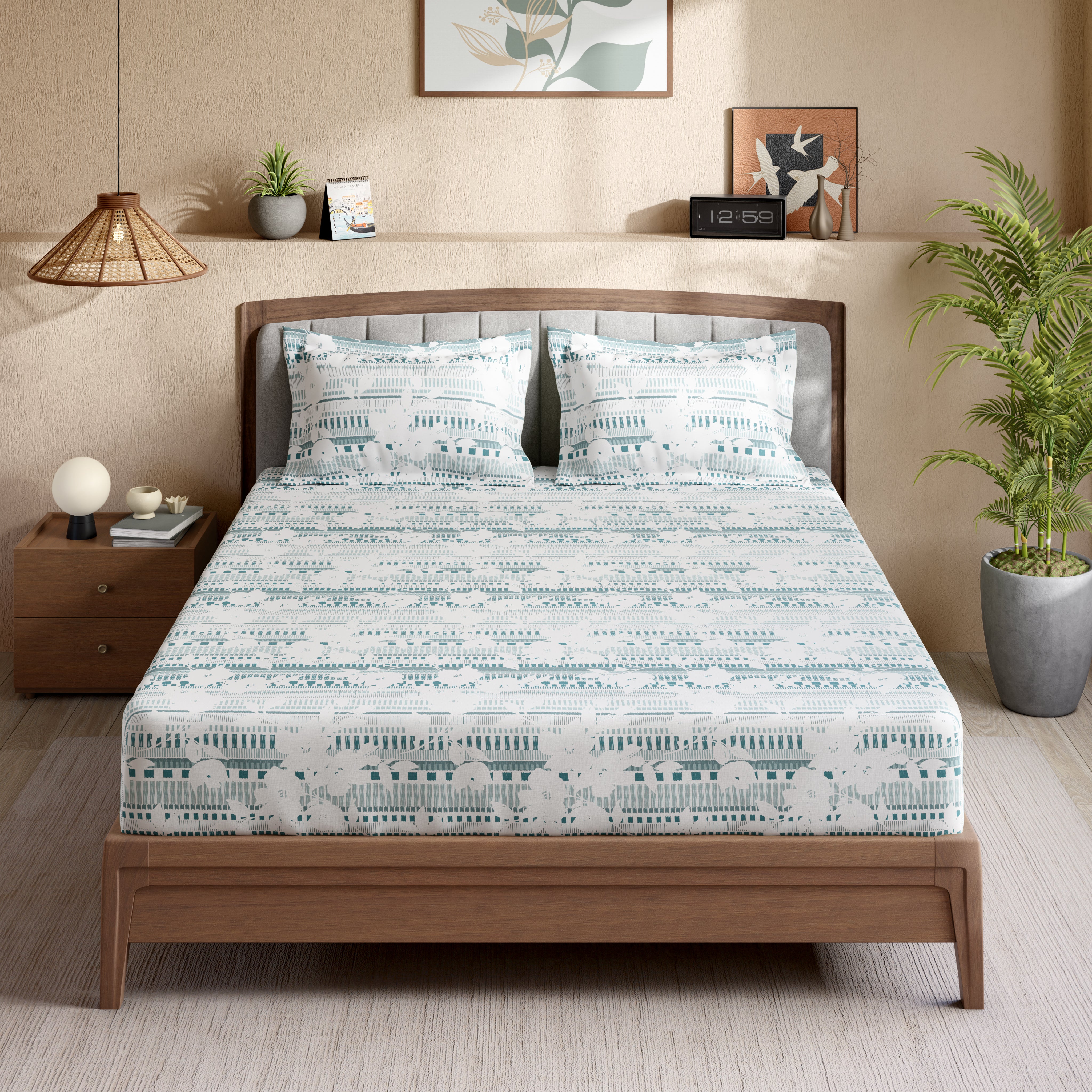 Swaas 100% Pure Cotton Linea Bloom 200 TC Fitted Sheet Set - Jade