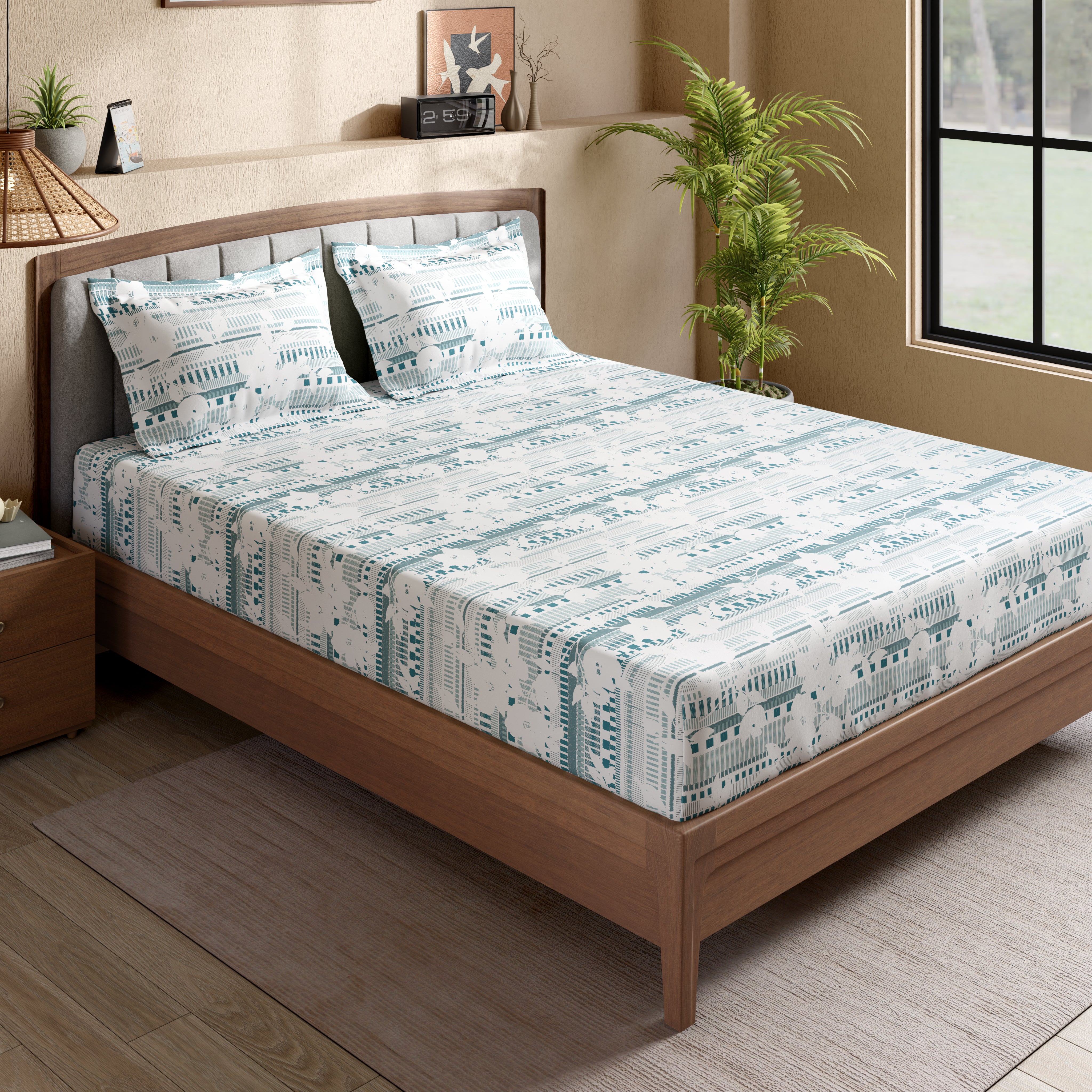 Swaas 100% Pure Cotton Linea Bloom 200 TC Fitted Sheet Set - Jade