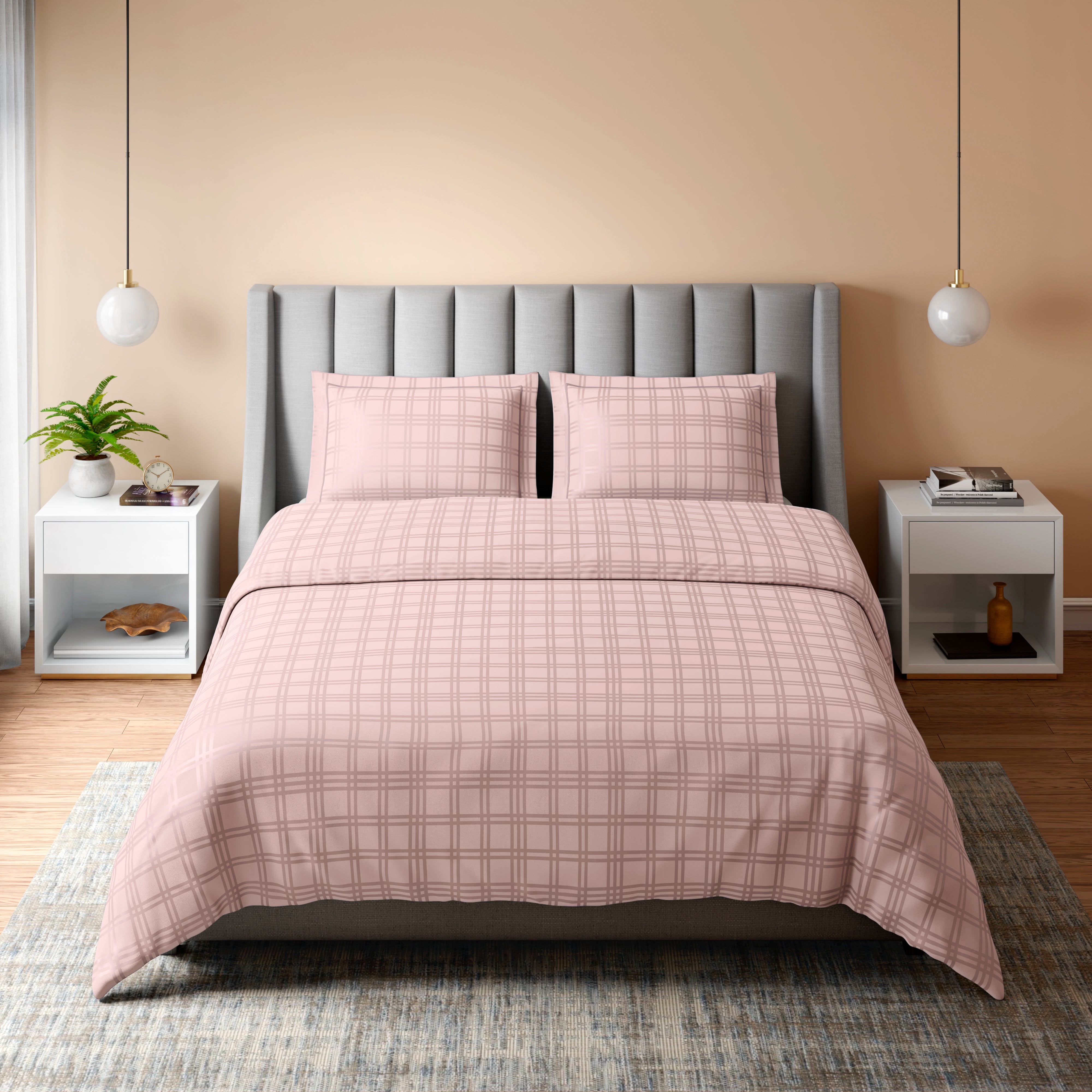 400 TC 100% Cotton Checks Pink Bedsheet Set