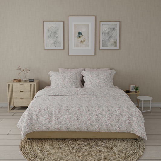300 TC 100% Pure Cotton Paisley Paradise White-Pink Bedsheet Set