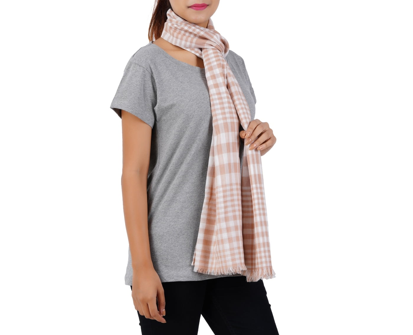 Women’s Stylish Scarf - Light Orange Checks, 100% Pure Cotton