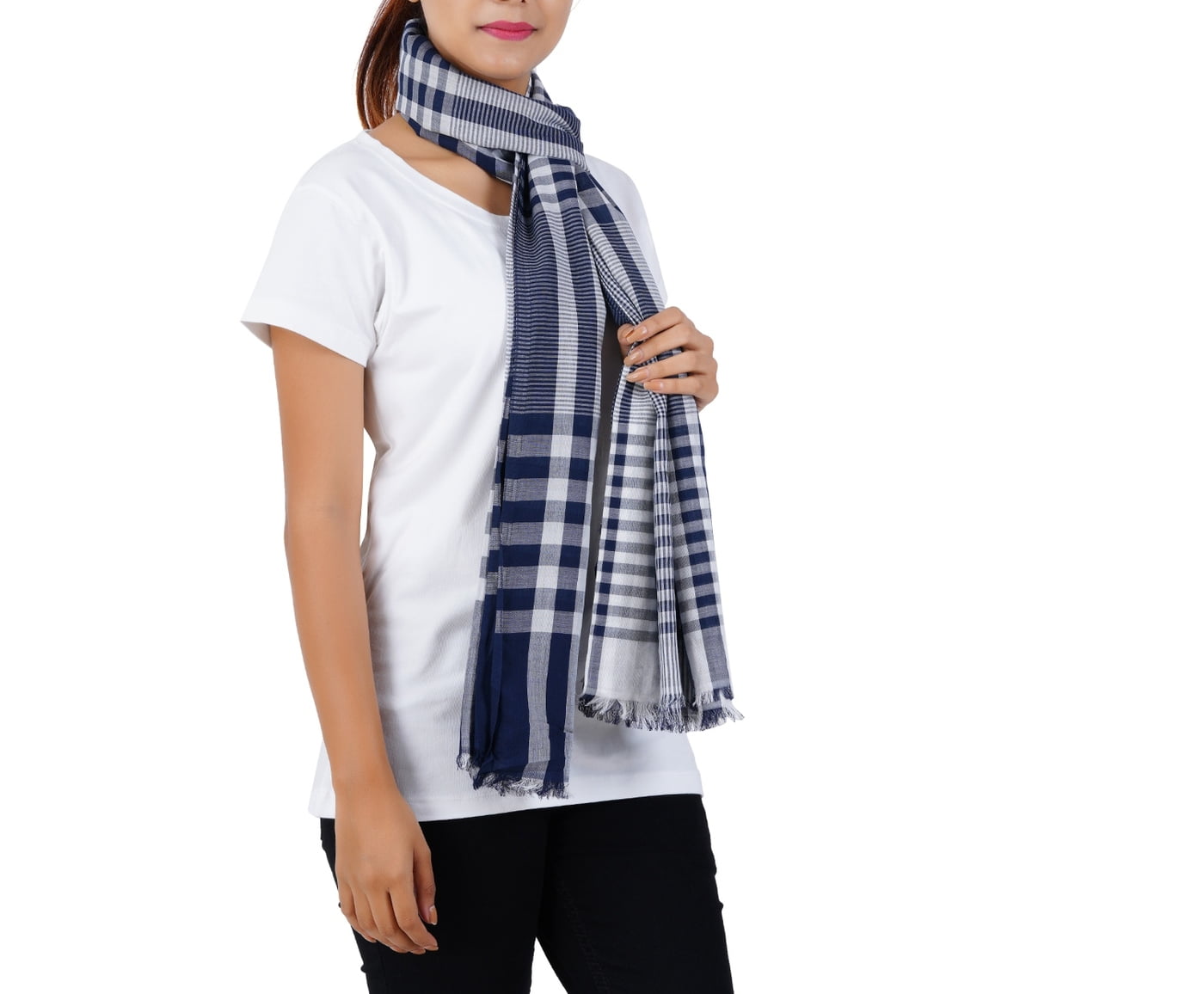 Women’s Stylish Scarf - Navy Checks, 100% Cotton