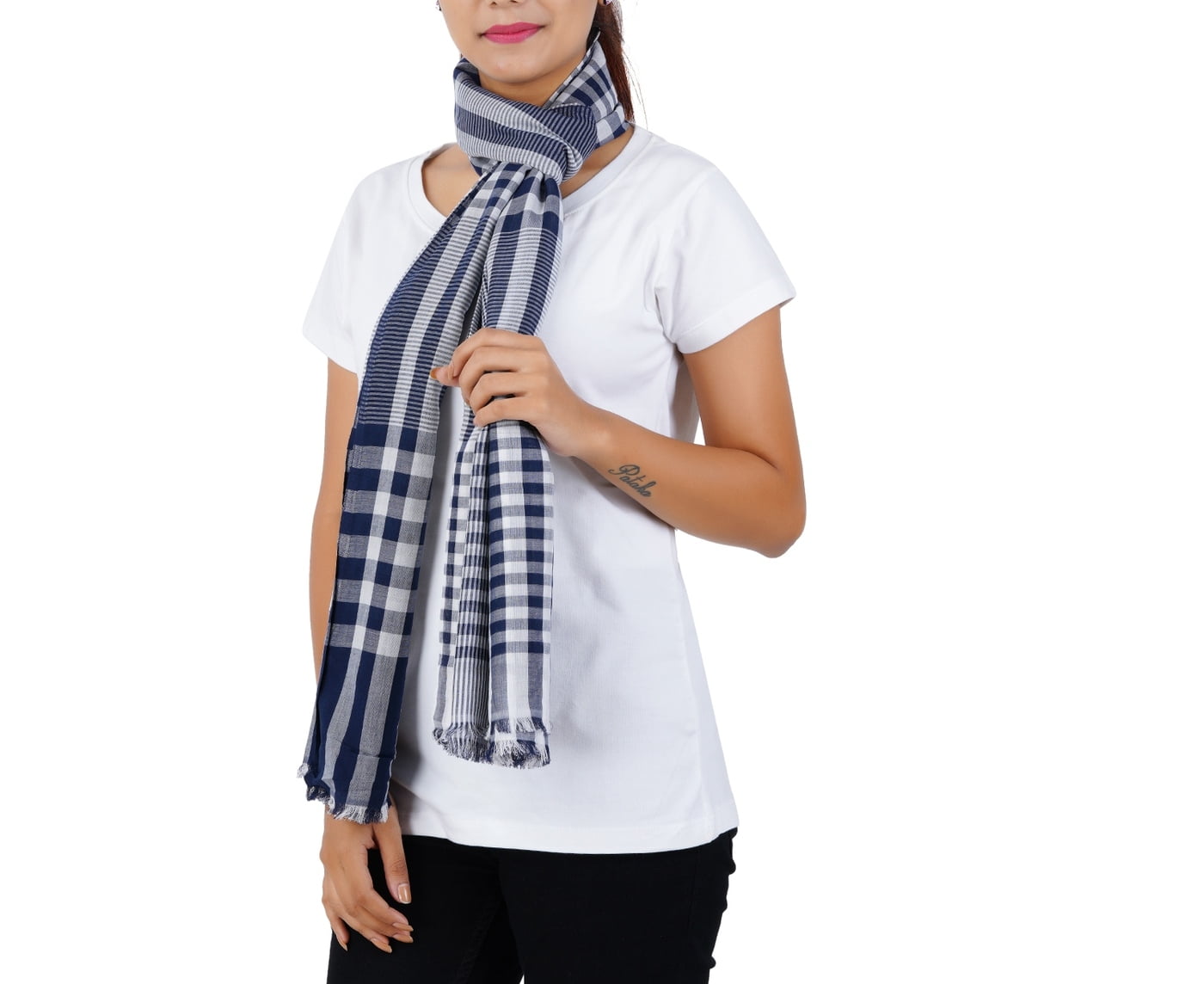Women’s Stylish Scarf - Navy Checks, 100% Cotton