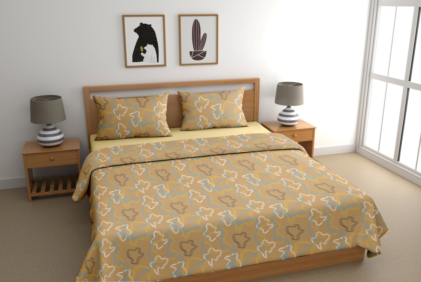 200 TC Circle Stripes Light Brown Bedsheet Set, 100% Pure Cotton