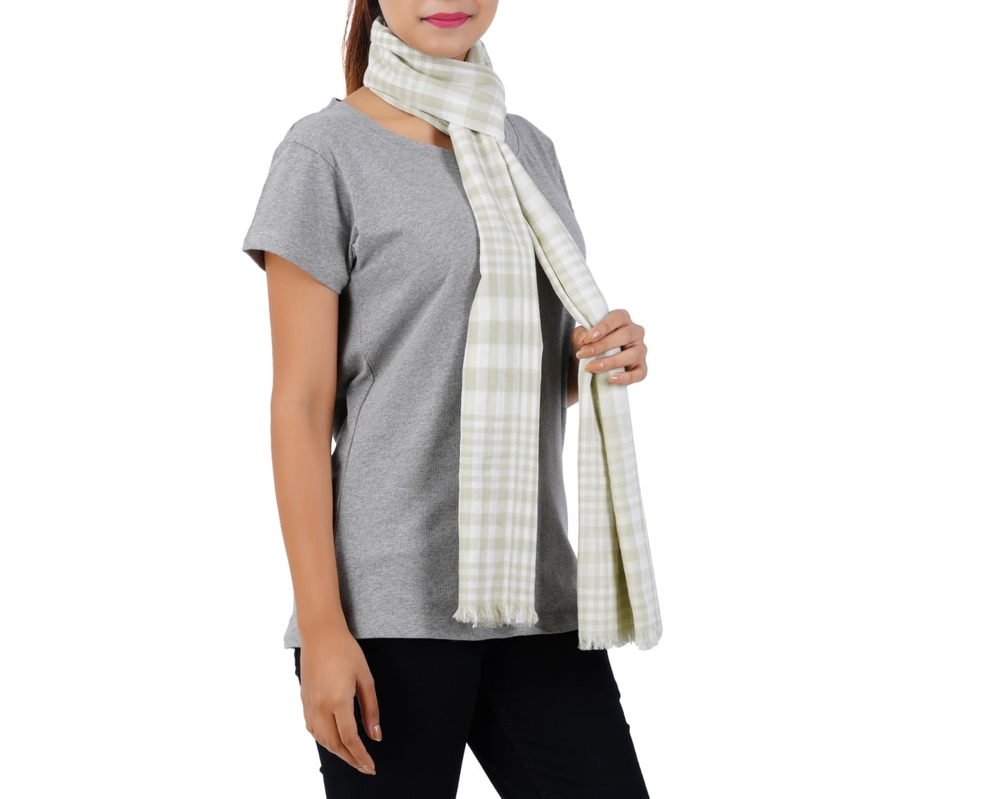 Women’s Stylish Scarf - Light Green Checks, 100% Cotton