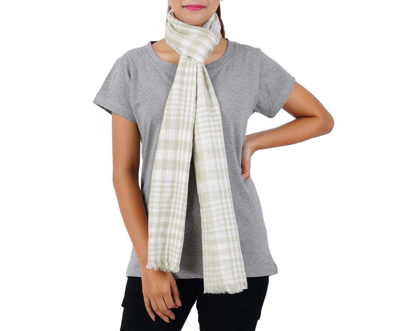 Women’s Stylish Scarf - Light Green Checks, 100% Cotton