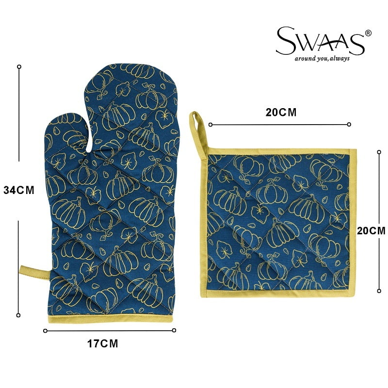 Pumpkin Printed Oven Mitt and Pot Holder Set-Blue, 100% Cotton