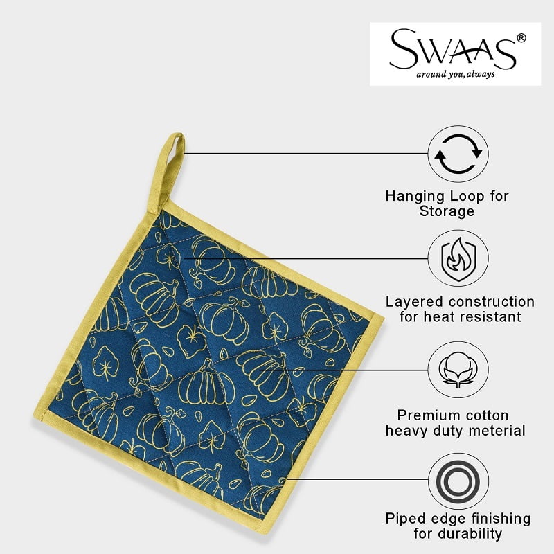 Pumpkin Printed Oven Mitt and Pot Holder Set-Blue, 100% Cotton