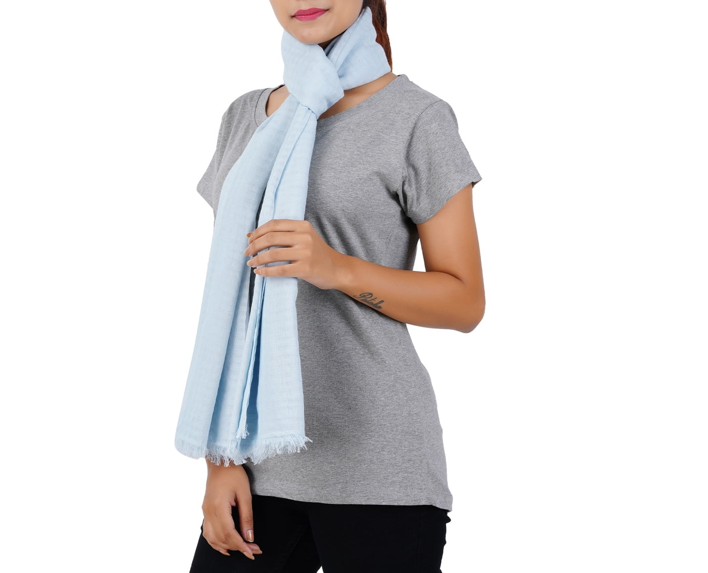 Women’s Stylish Scarf - Light Blue Plain Checks, 100% Cotton