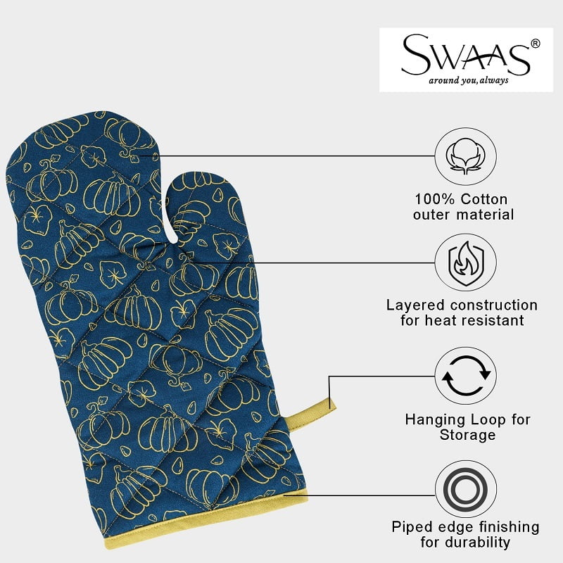 Pumpkin Printed Oven Mitt and Pot Holder Set-Blue, 100% Cotton