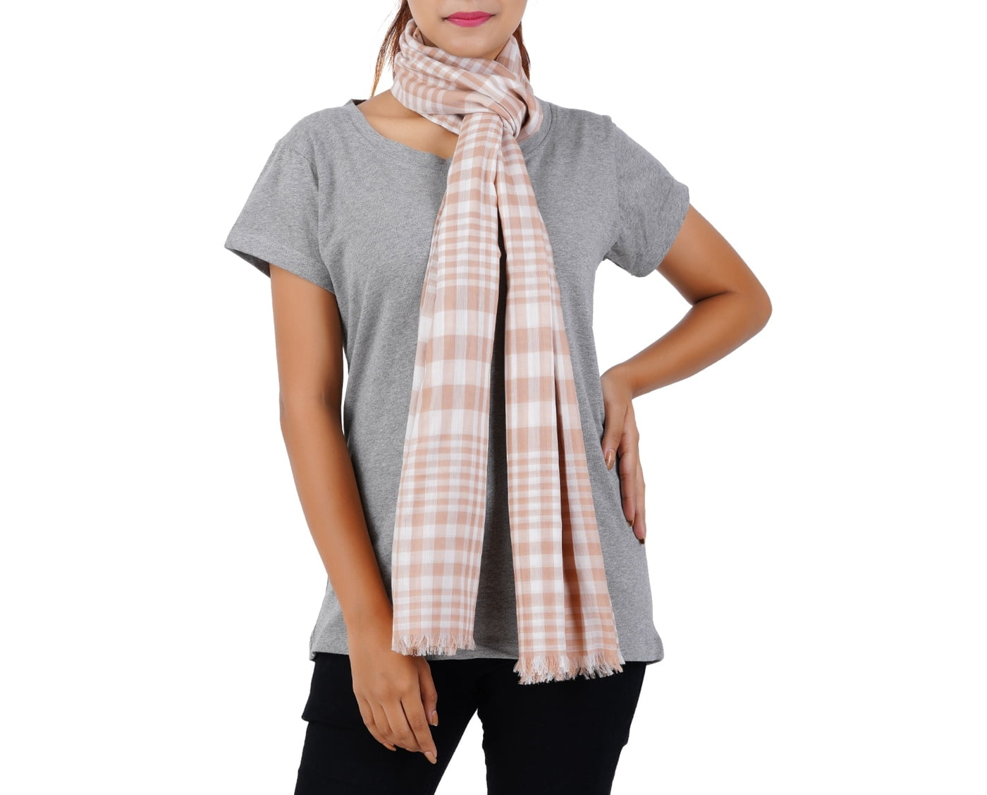 Women’s Stylish Scarf - Light Orange Checks, 100% Pure Cotton