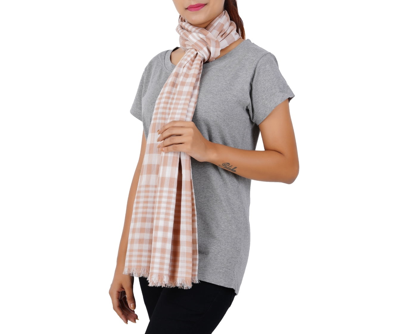 Women’s Stylish Scarf - Light Orange Checks, 100% Pure Cotton