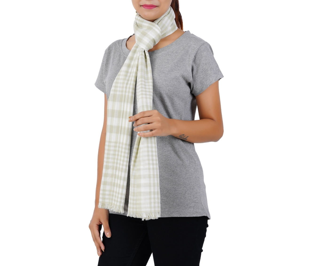 Women’s Stylish Scarf - Light Green Checks, 100% Cotton