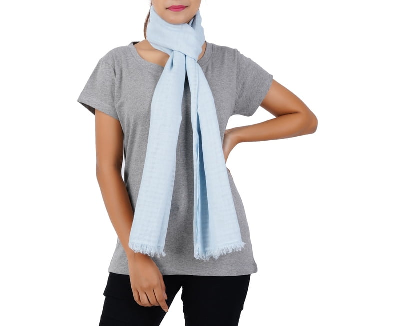 Women’s Stylish Scarf - Light Blue Plain Checks, 100% Cotton