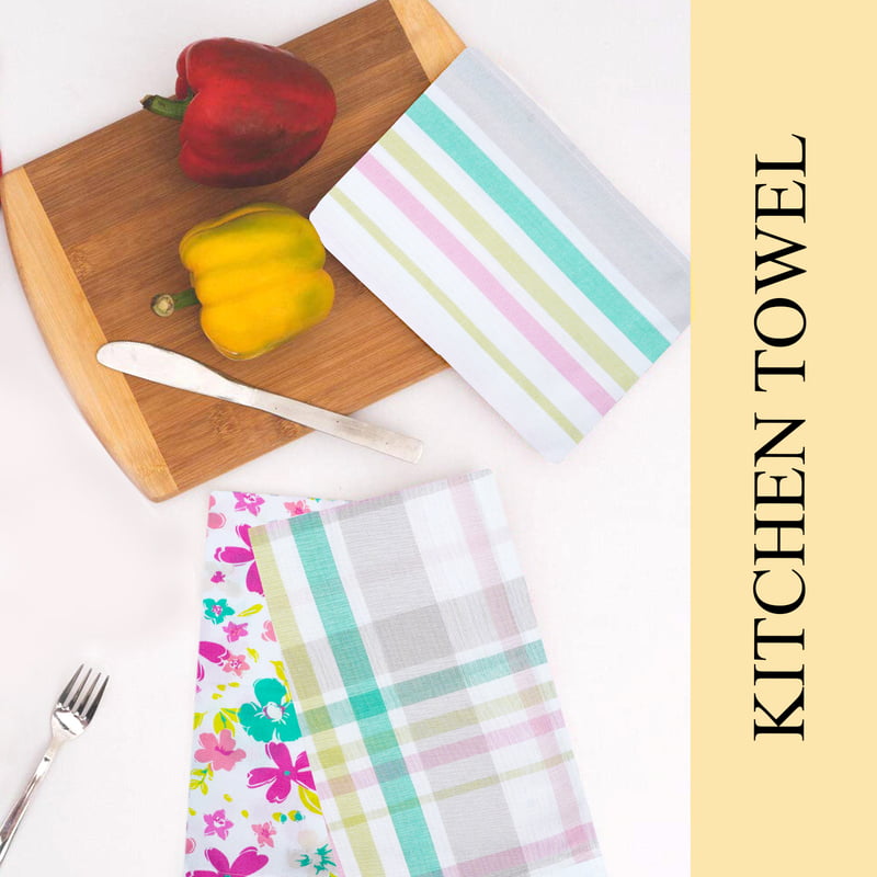 Pink Floral and Checked Kitchen Towel - Pink, 100% Cotton - Set of 6
