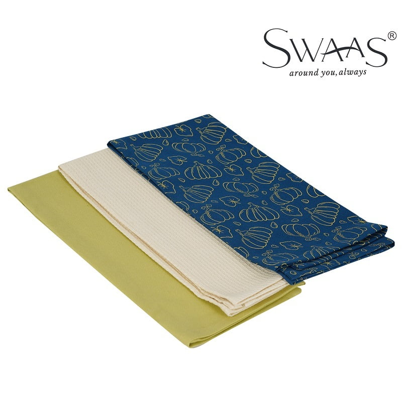 Pumpkin Printed Kitchen Towel, 100% Cotton - 3 Pcs Set - Navy