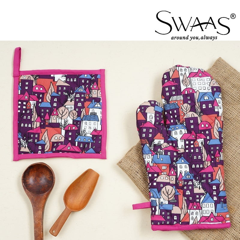 Building Blocks Printed Oven Mitt and Pot Holder Set, 100% Cotton - Pink