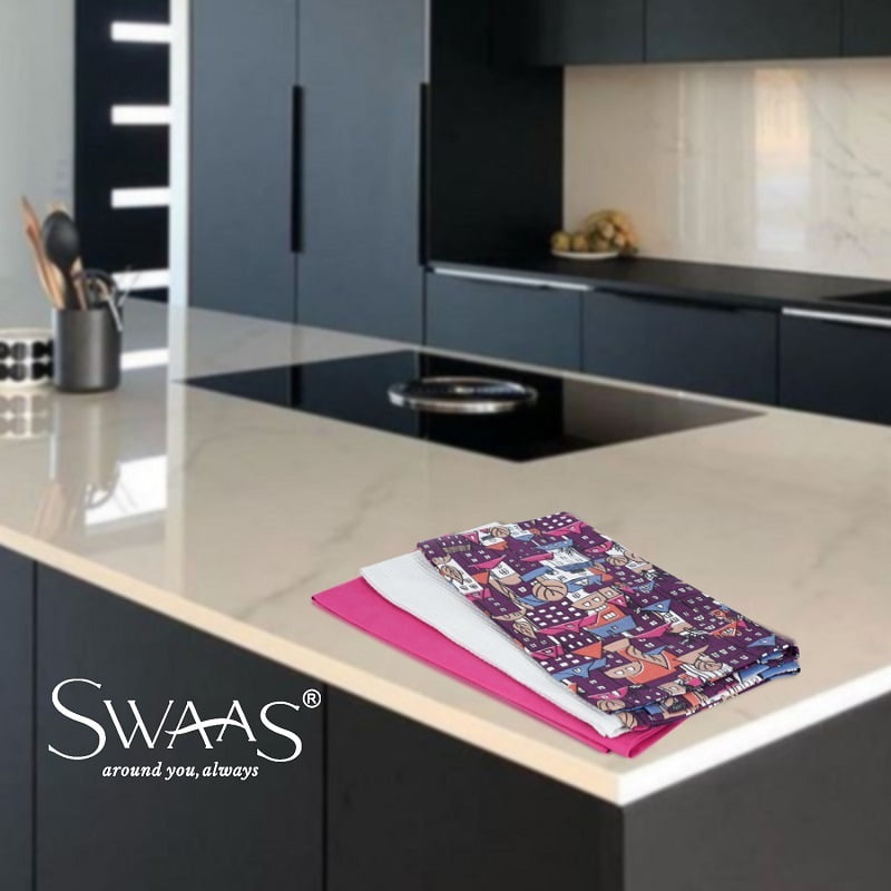 Building Blocks Printed Kitchen Towel, 100% Cotton - 3 Pcs Set - Pink