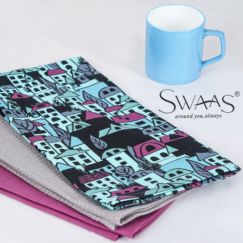 Building Blocks Printed Kitchen Towel, 100% Cotton - 3 Pcs Set - Blue