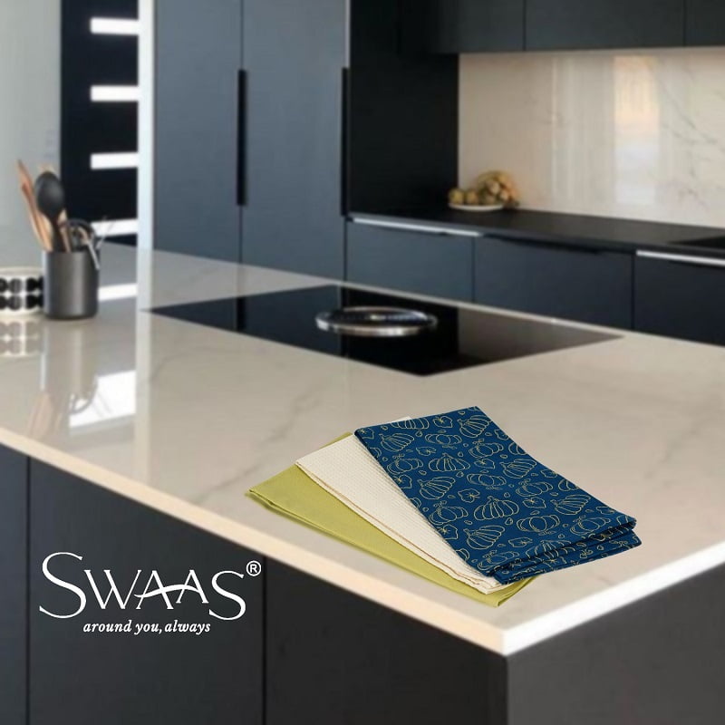 Pumpkin Printed Kitchen Towel, 100% Cotton - 3 Pcs Set - Navy