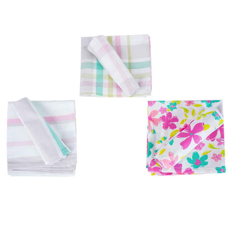 Pink Floral and Checked Kitchen Towel - Pink, 100% Cotton - Set of 6