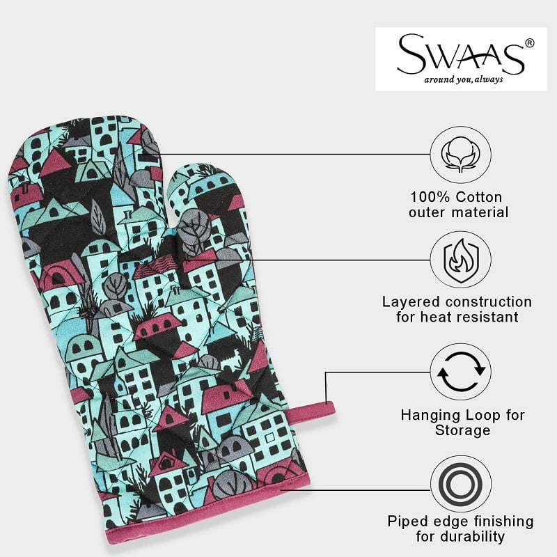 Building Blocks Printed Oven Mitt and Pot Holder Set, 100% Cotton - Blue