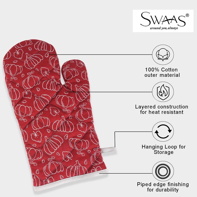 Cotton Pumpkin Printed Oven Mitt and Pot Holder Set - Red, 100% Cotton