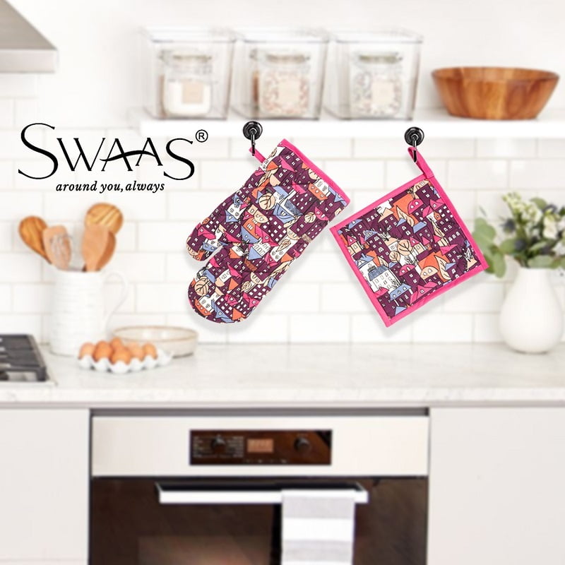 Block Printed Kitchen Oven Mitts and Pot Holder Quilted Oven Mitts
