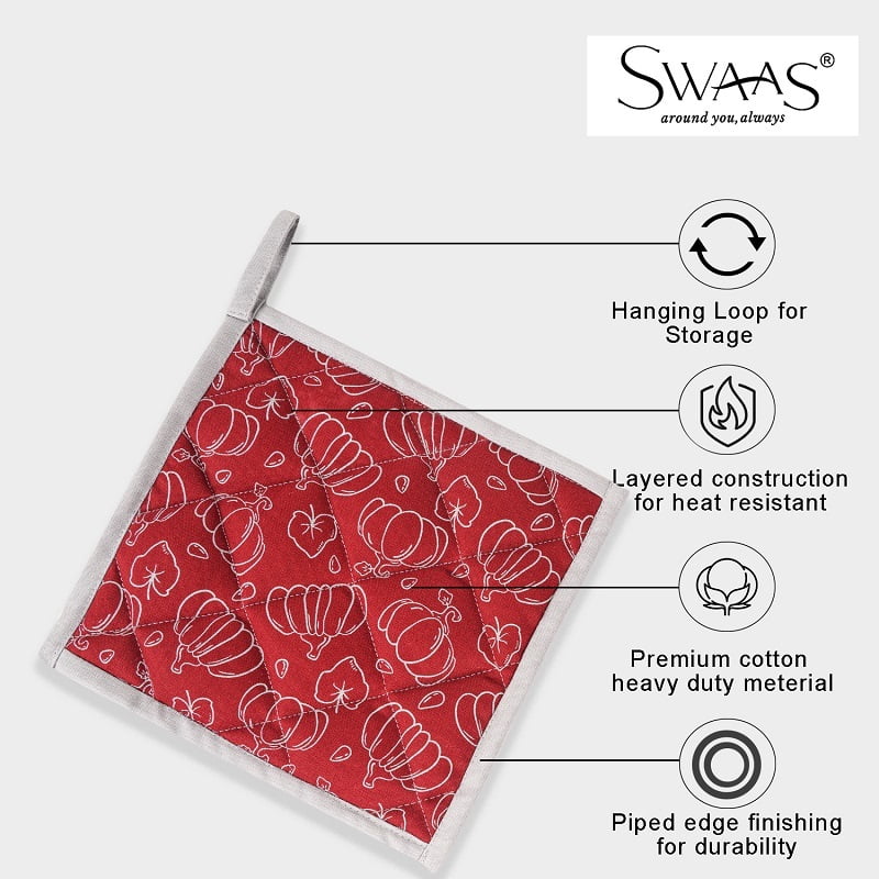 Cotton Pumpkin Printed Oven Mitt and Pot Holder Set - Red, 100% Cotton