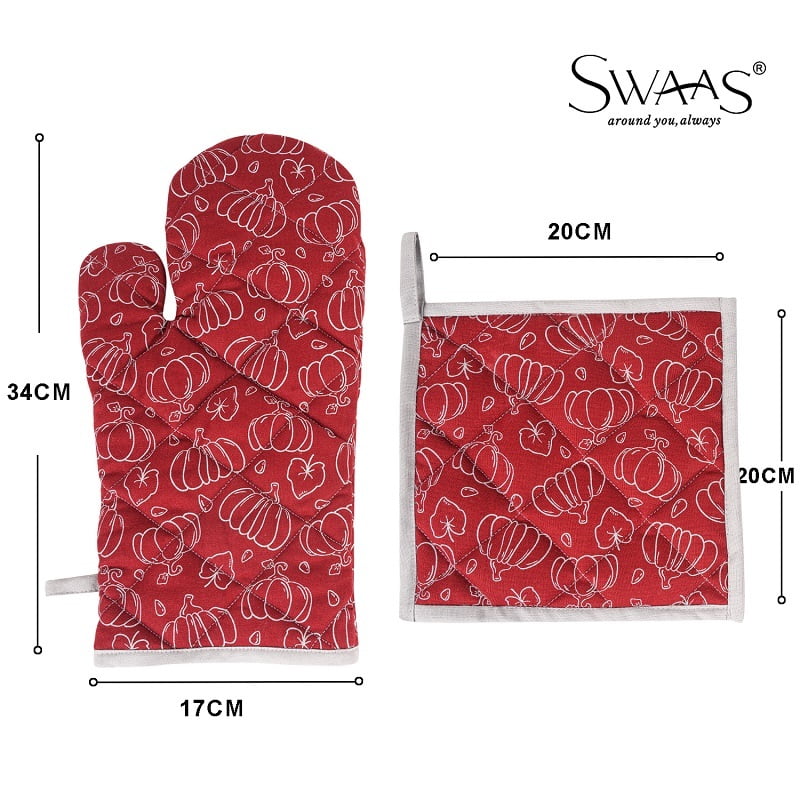 Cotton Pumpkin Printed Oven Mitt and Pot Holder Set - Red, 100% Cotton