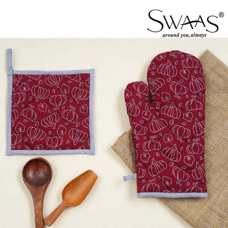Block Printed Kitchen Oven Mitts and Pot Holder Quilted Oven Mitts