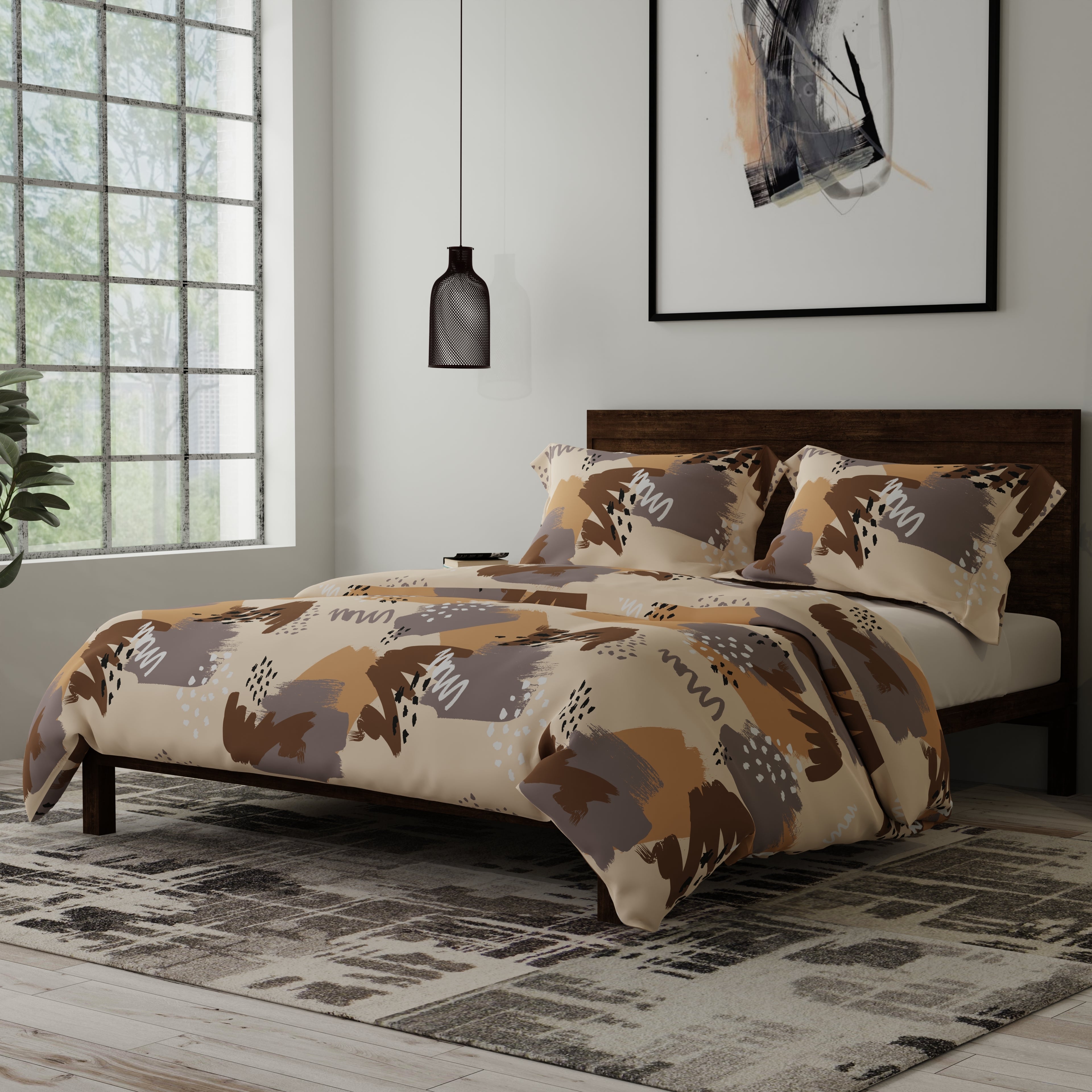 200 TC 100% Pure Cotton Abstract Brushstrokes Brown Bedsheet Set