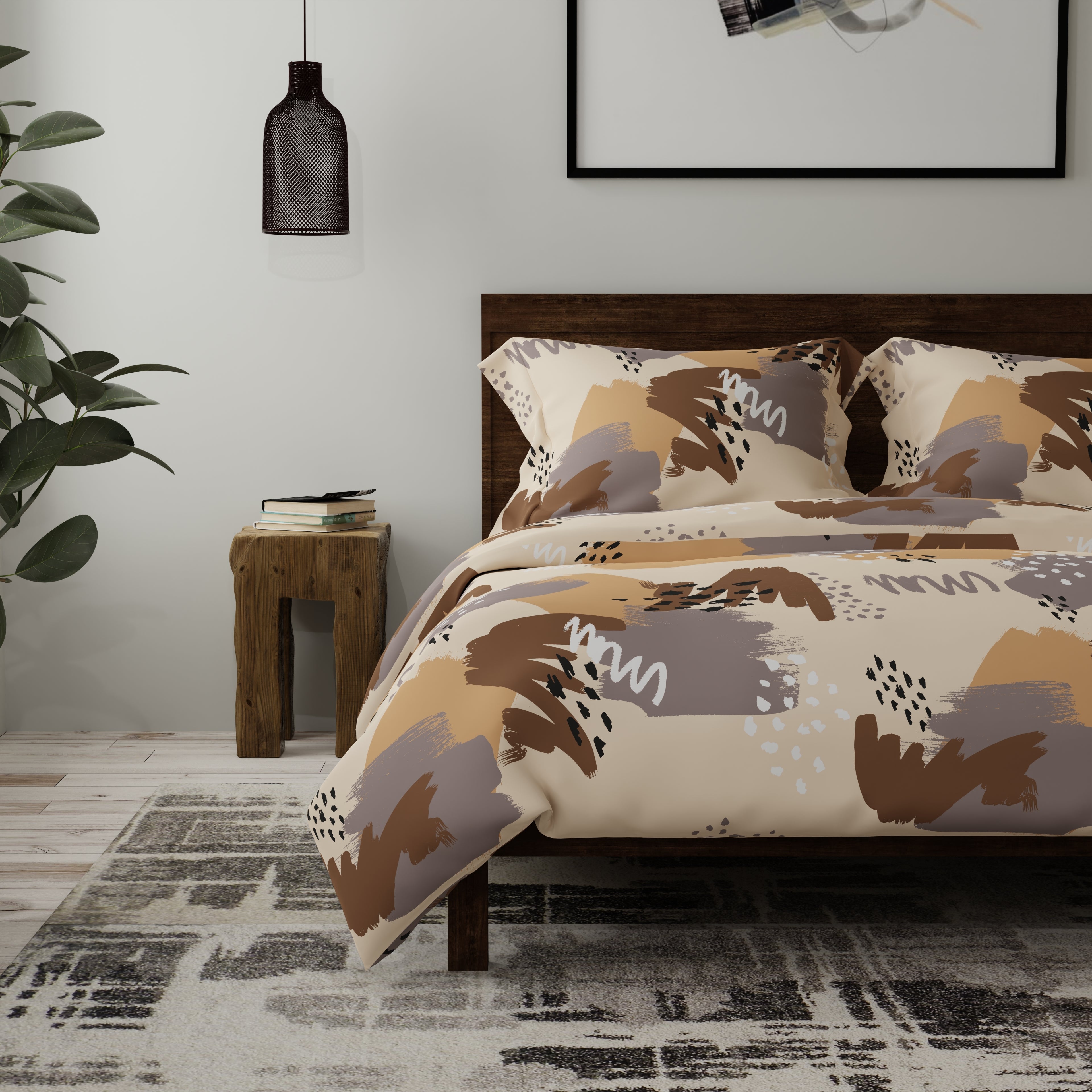 200 TC 100% Pure Cotton Abstract Brushstrokes Brown Bedsheet Set