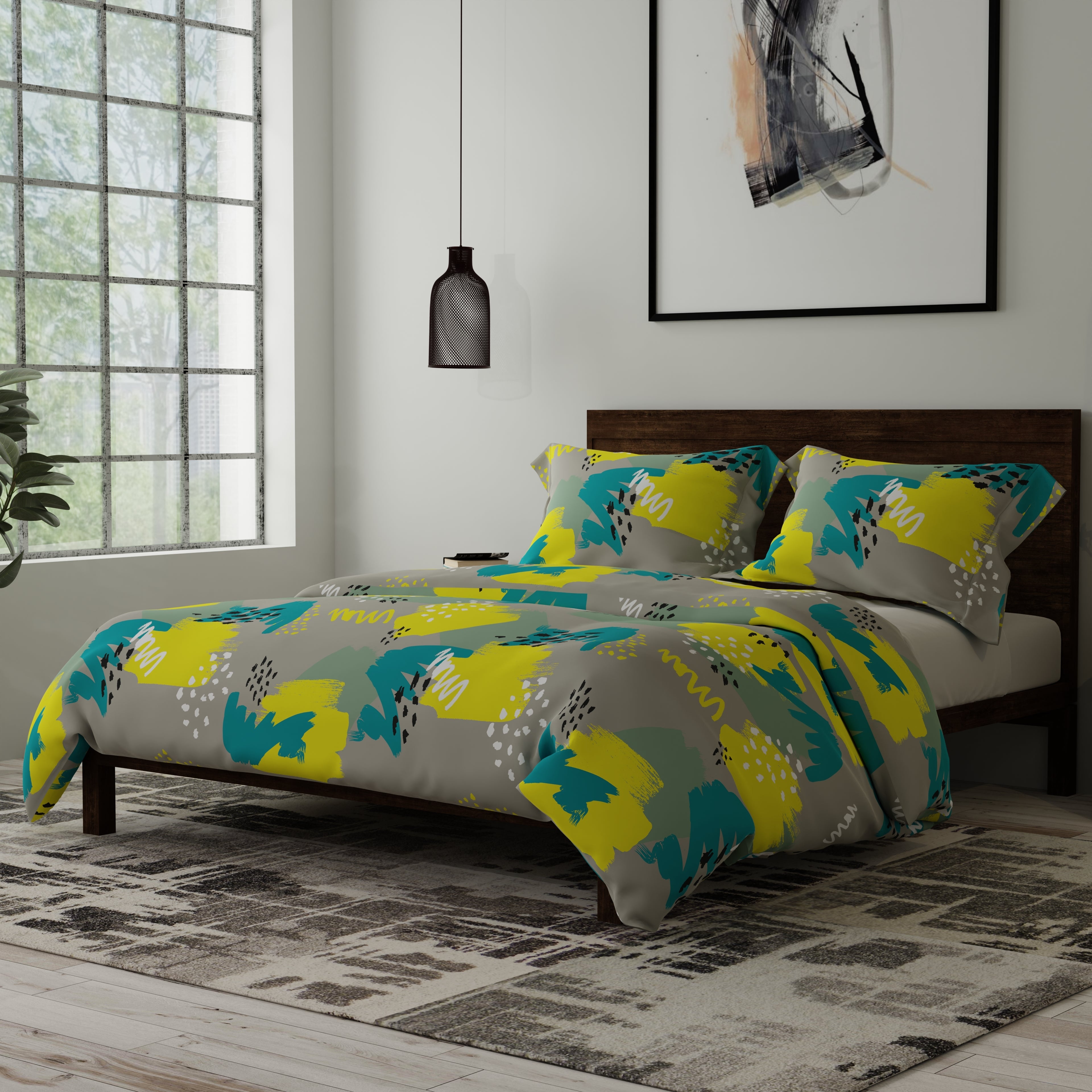 200 TC 100% Pure Cotton Abstract Brushstrokes Yellow Bedsheet Set
