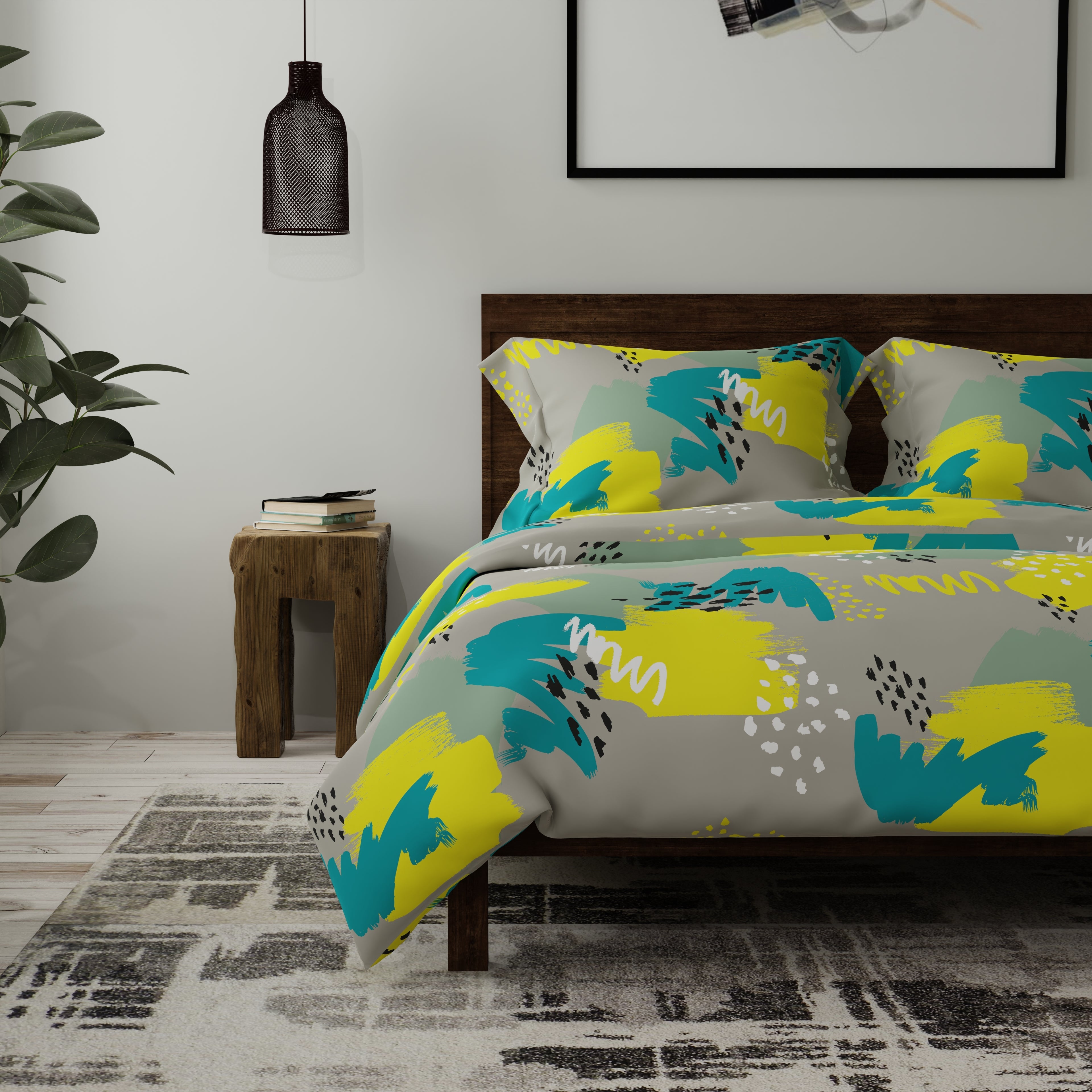 200 TC 100% Pure Cotton Abstract Brushstrokes Yellow Bedsheet Set