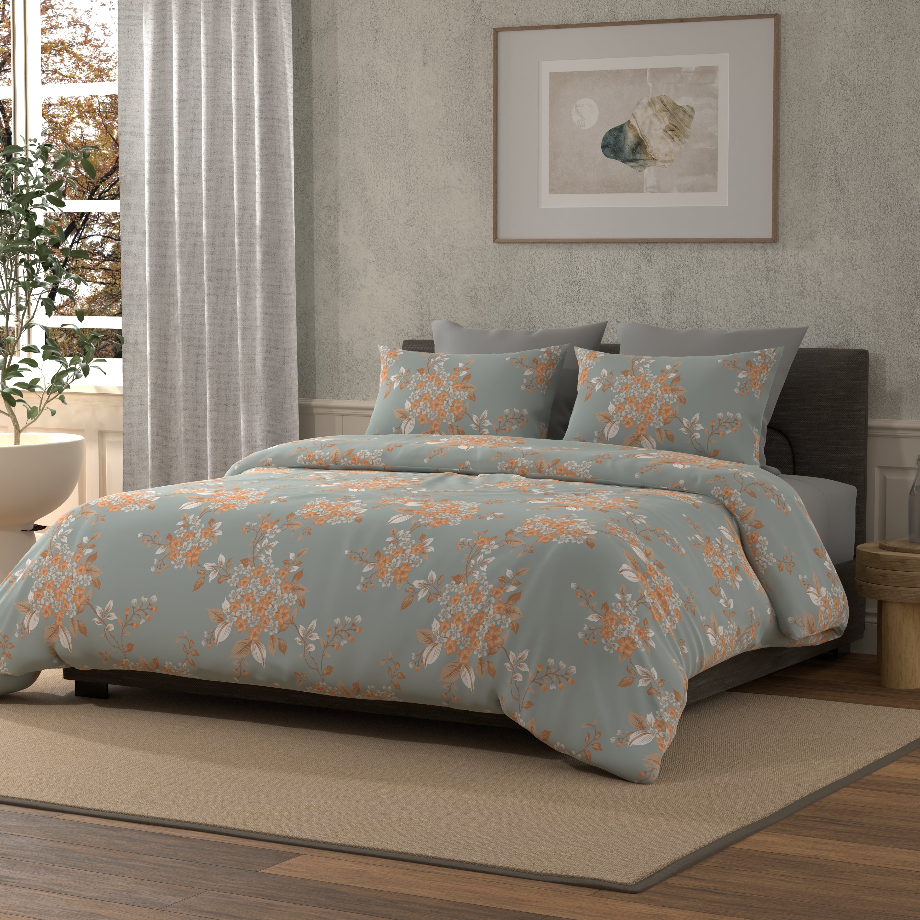 300 TC 100% Pure Cotton Bloom Burst Blue Bedsheet Set