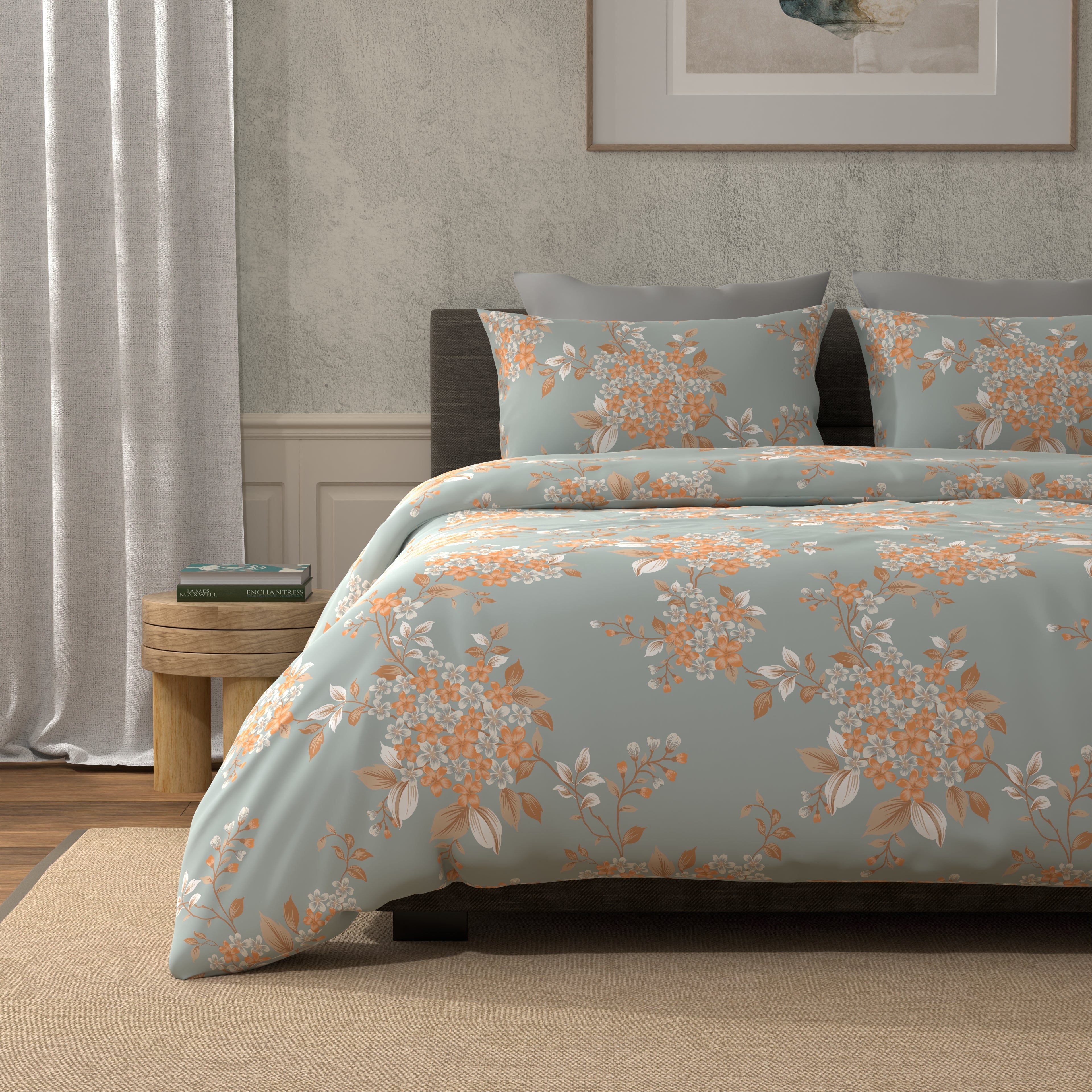 300 TC 100% Pure Cotton Bloom Burst Blue Bedsheet Set