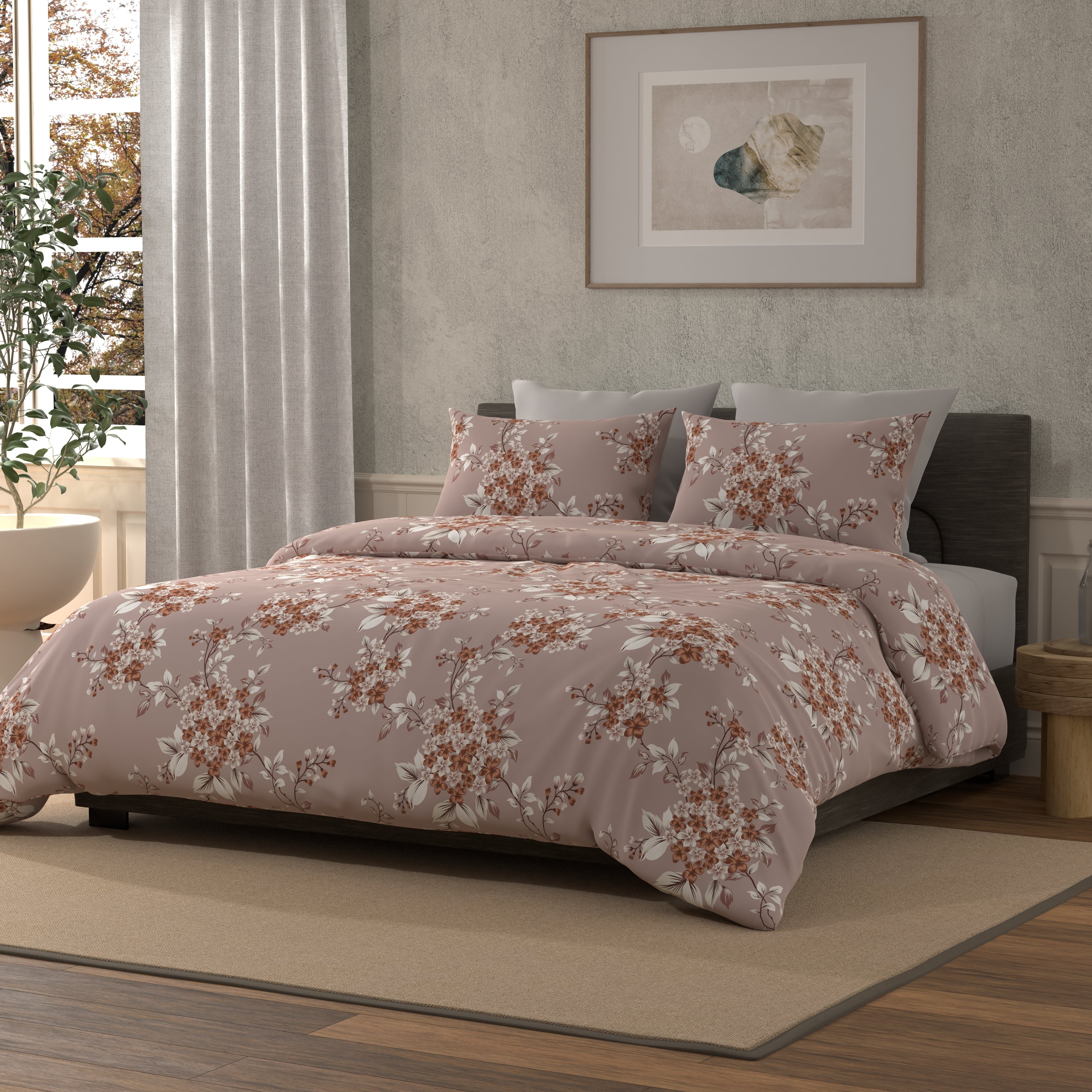 300 TC 100% Pure Cotton Bloom Burst Brown Bedsheet Set