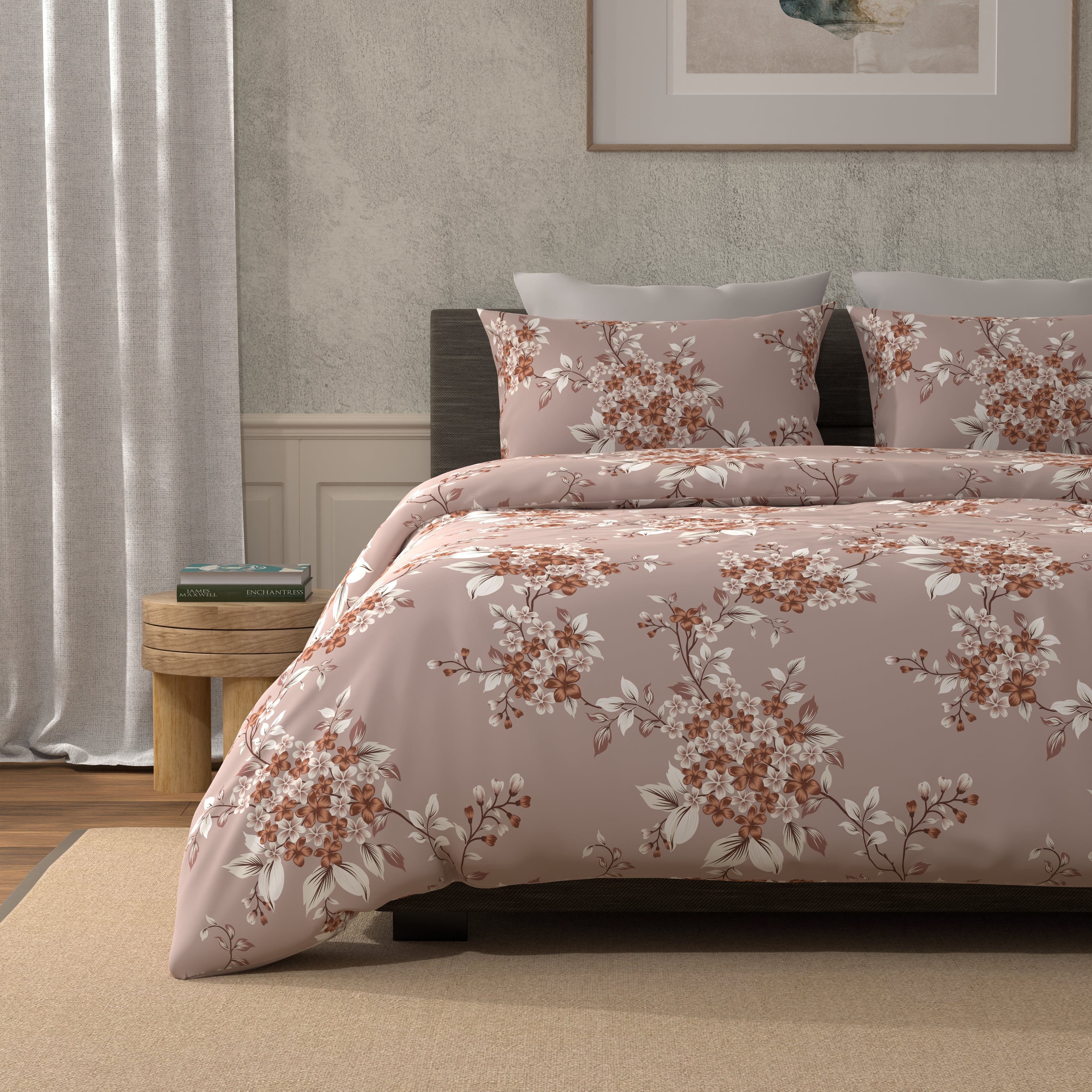 300 TC 100% Pure Cotton Bloom Burst Brown Bedsheet Set