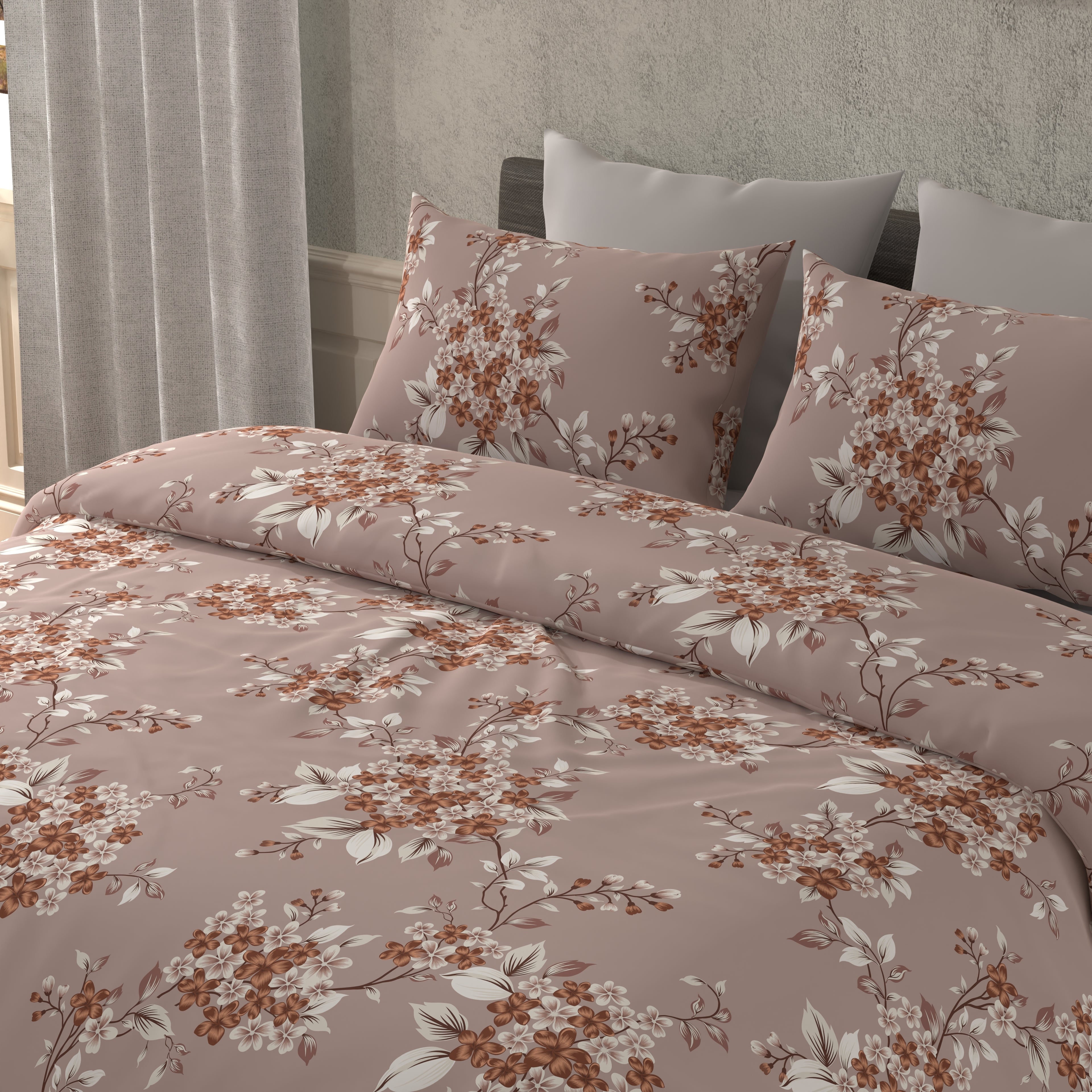 300 TC 100% Pure Cotton Bloom Burst Brown Bedsheet Set