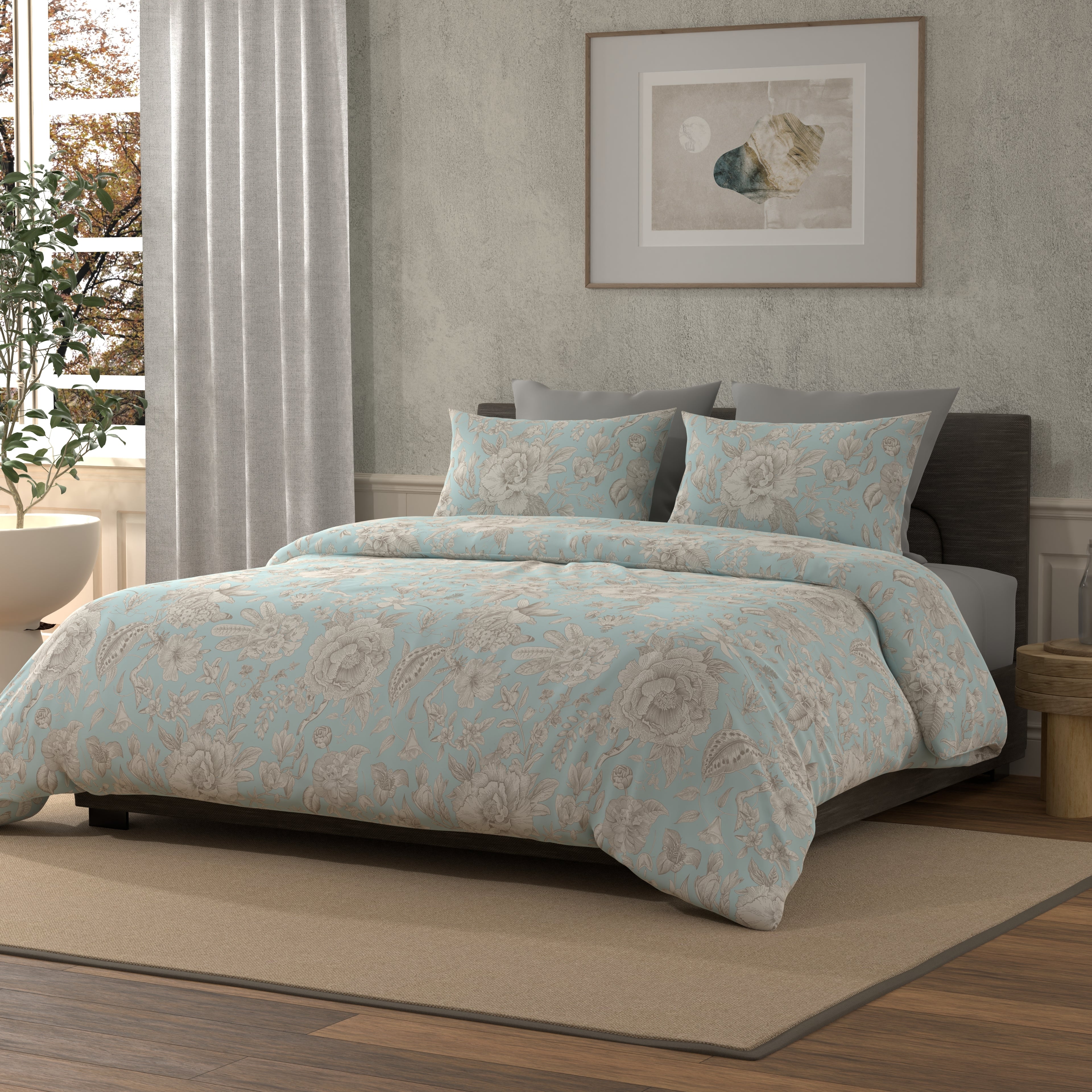 300 TC 100% Pure Cotton Botanic Bliss Blue Bedsheet Set