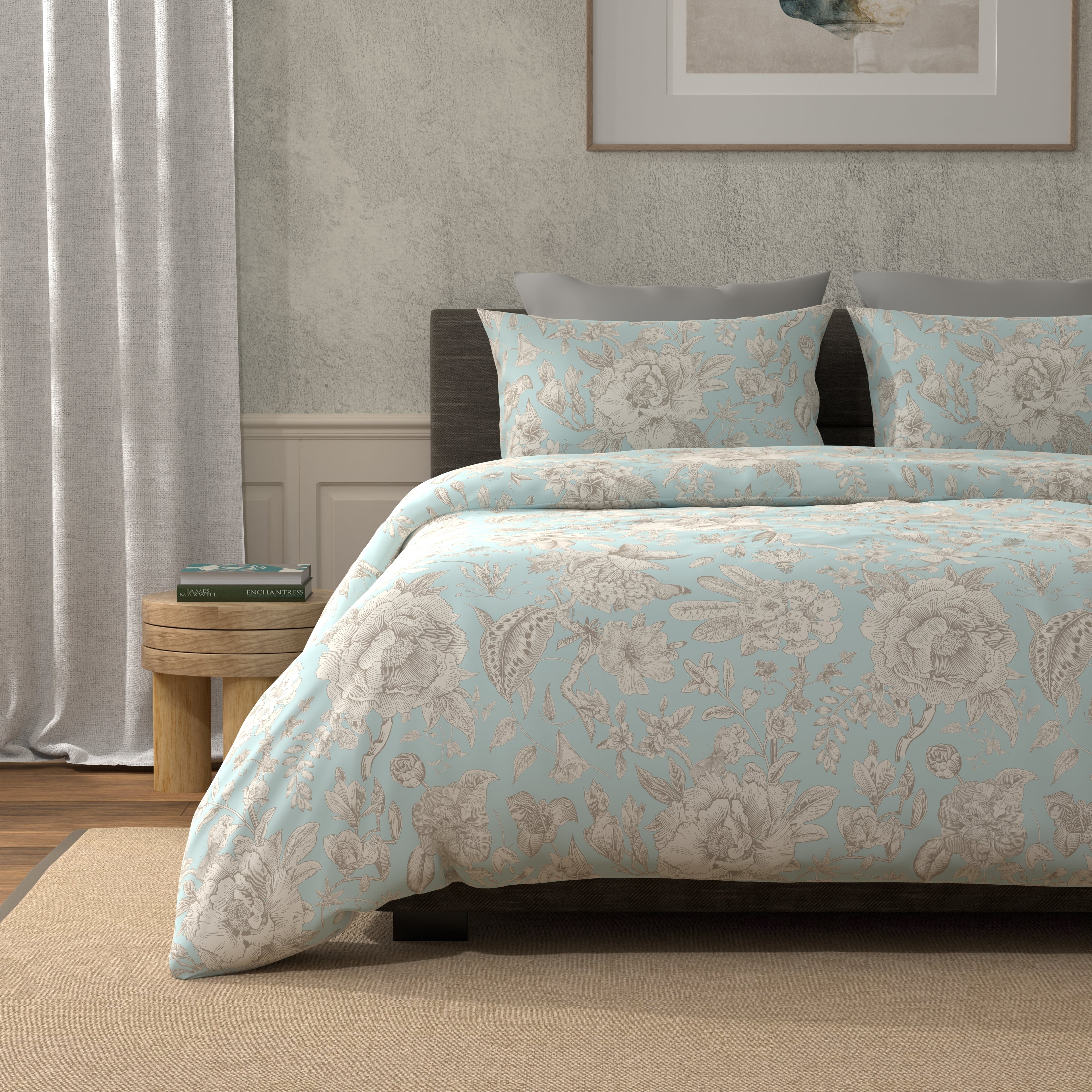 300 TC 100% Pure Cotton Botanic Bliss Blue Bedsheet Set