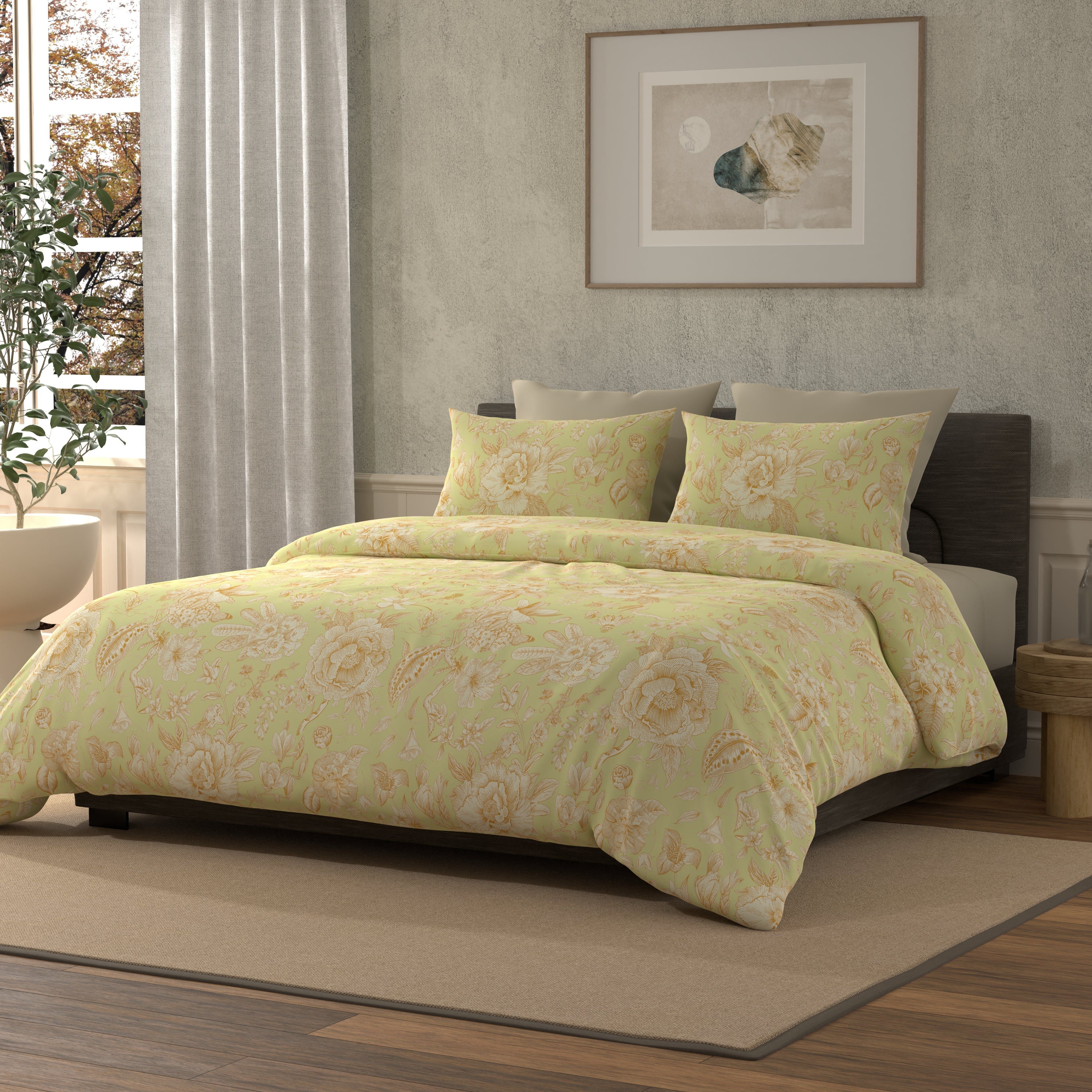 300 TC 100% Pure Cotton Botanic Bliss Yellow Bedsheet Set
