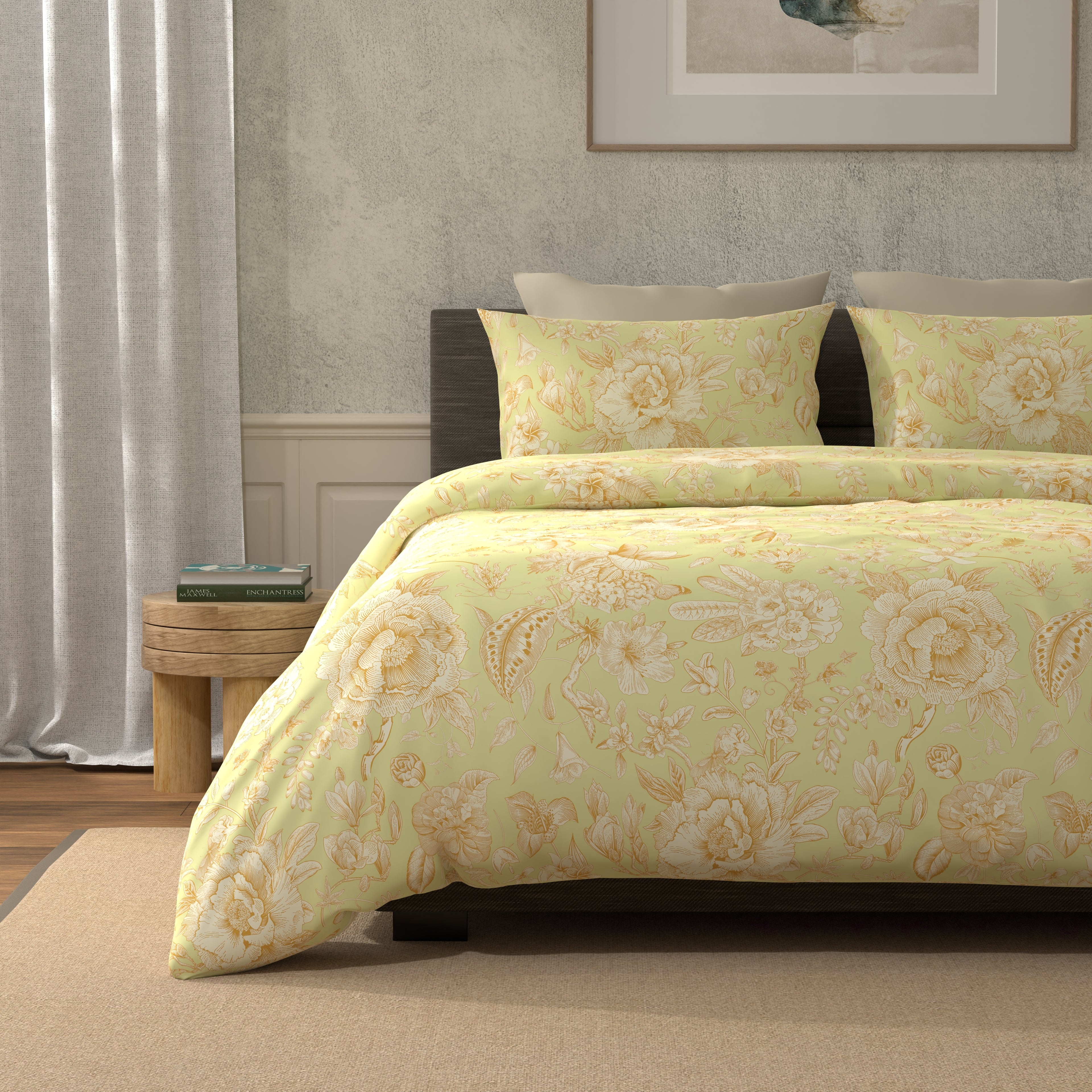 300 TC 100% Pure Cotton Botanic Bliss Yellow Bedsheet Set