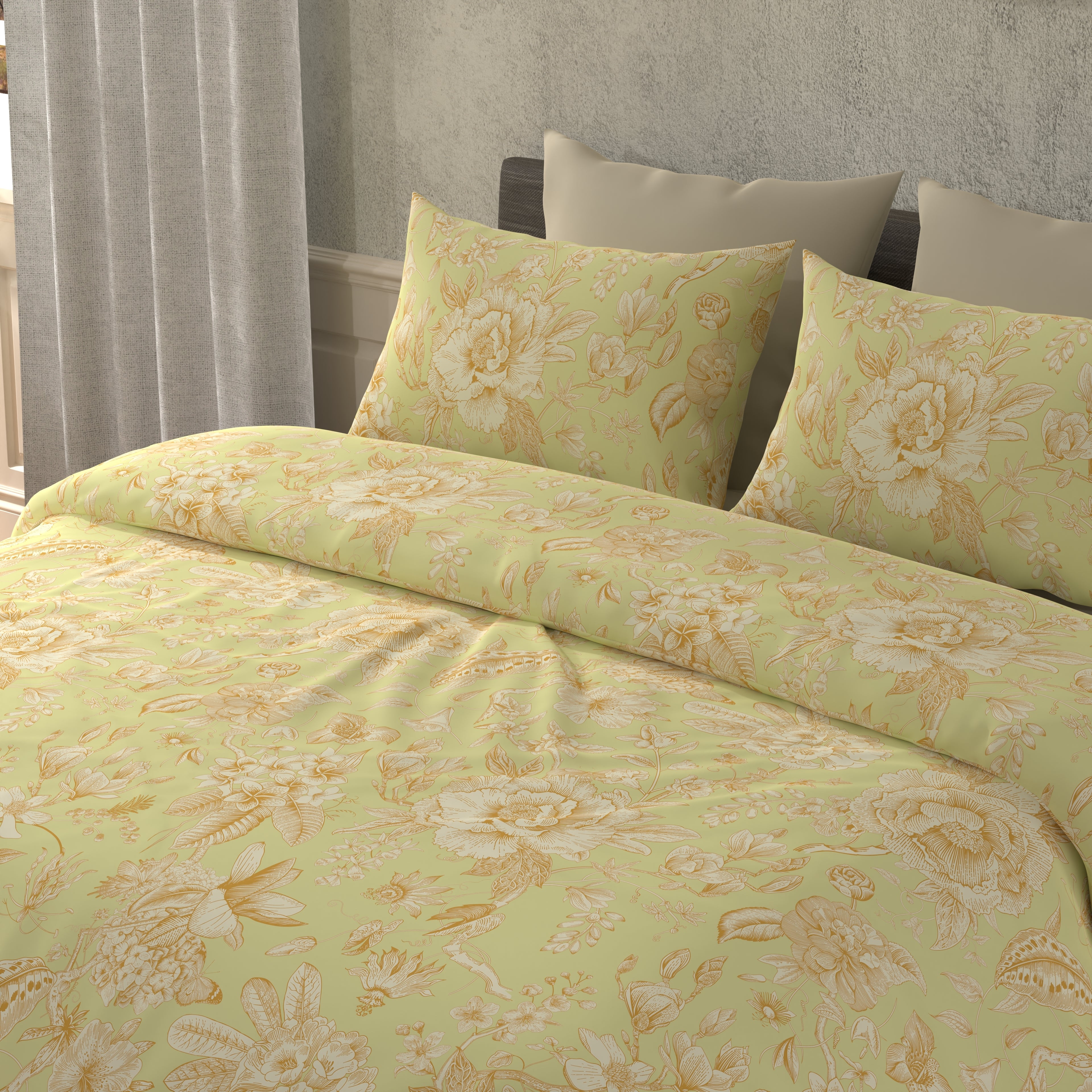 300 TC 100% Pure Cotton Botanic Bliss Yellow Bedsheet Set